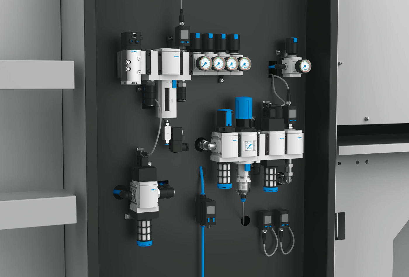 Industrial control panel with various components on a dark background representing festo air preparation lineup